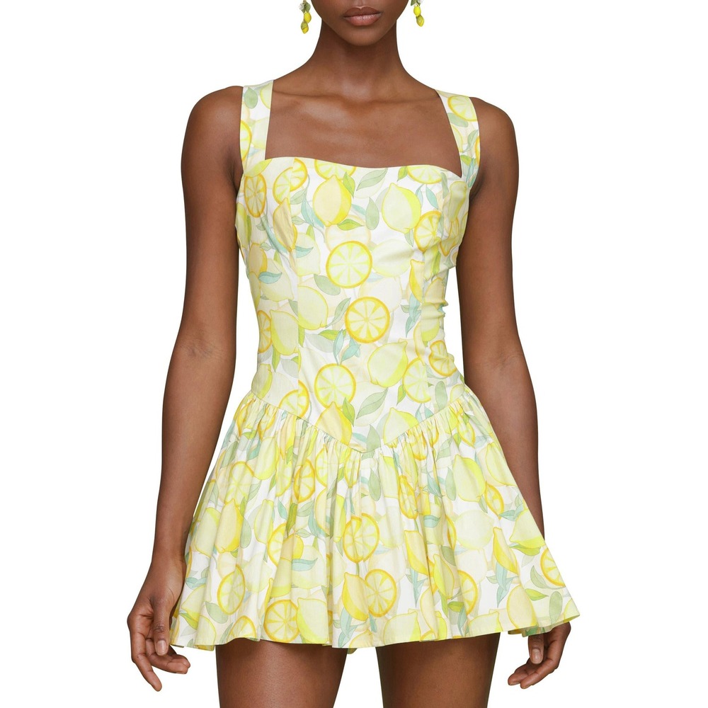 Avec Les Filles Yellow Lemon Print Mini Dress Built-In Shorts Sz 8 Retro Resort